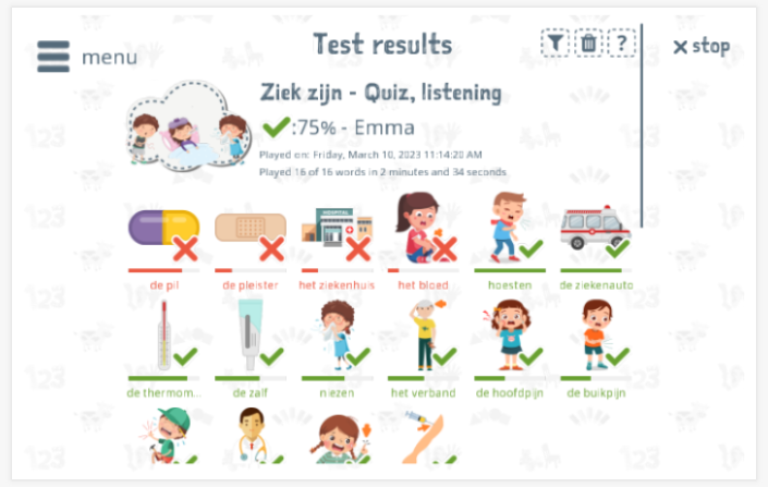 Test results provide insight into the child's vocabulary knowledge of the Being ill theme