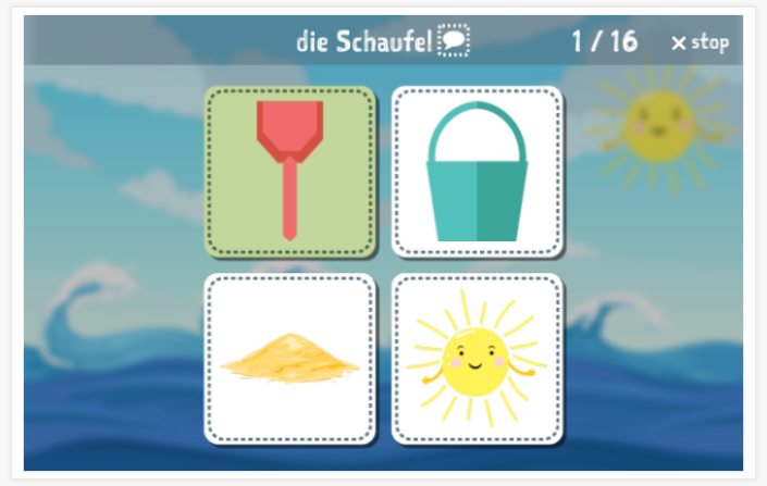 Beach theme Language test (reading and listening) of the app German for children