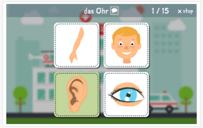 Body theme Language test (reading and listening) of the app German for children