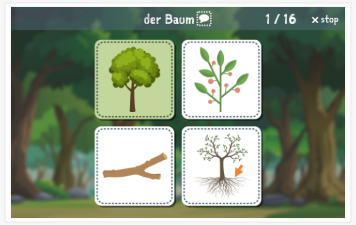 Forest theme Language test (reading and listening) of the app German for children