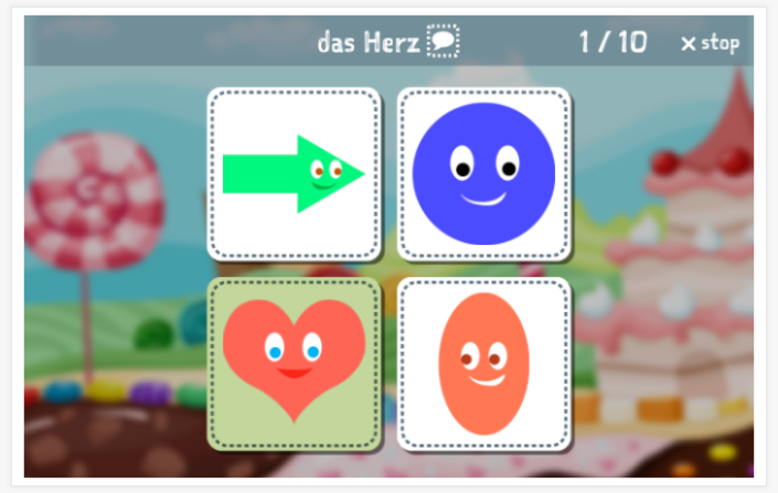 Shapes theme Language test (reading and listening) of the app German for children
