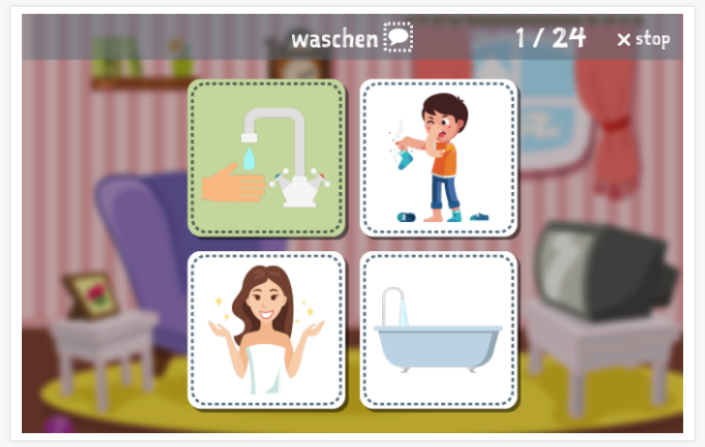 Washing and peeing theme Language test (reading and listening) of the app German for children