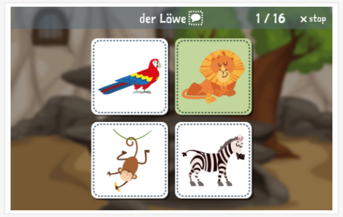 Zoo theme Language test (reading and listening) of the app German for children