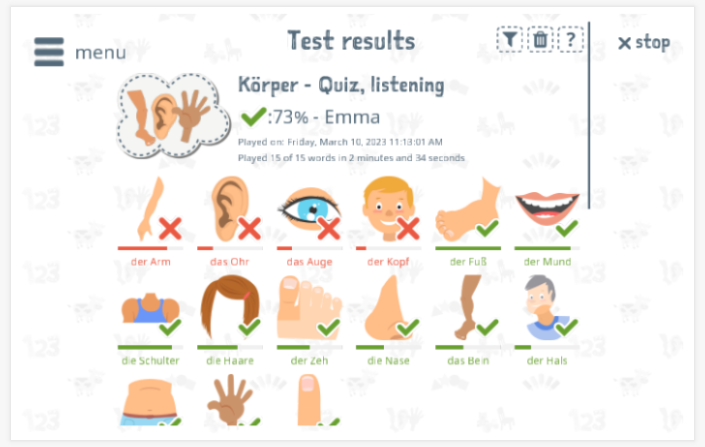 Test results provide insight into the child's vocabulary knowledge of the Body theme