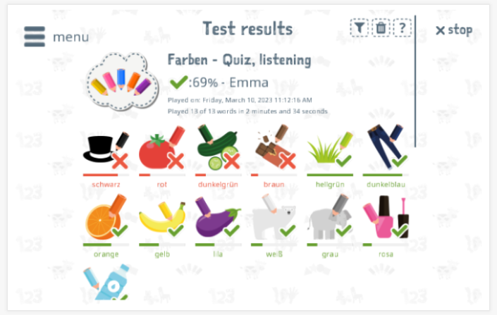 Test results provide insight into the child's vocabulary knowledge of the Colors theme