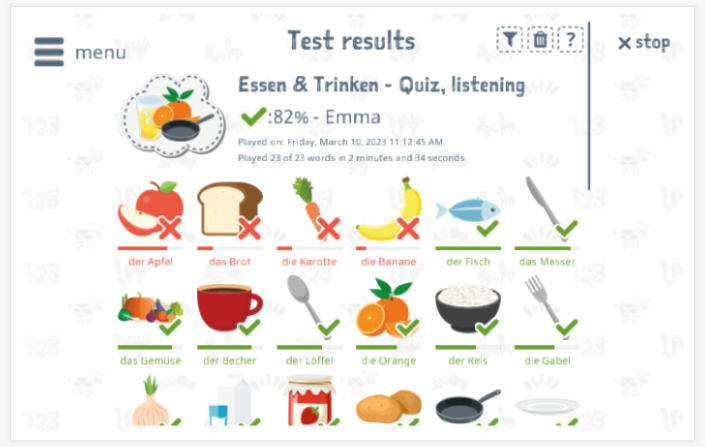 Test results provide insight into the child's vocabulary knowledge of the Food & drinks theme
