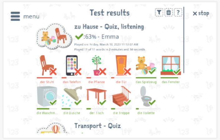 Test results provide insight into the child's vocabulary knowledge of the Home theme