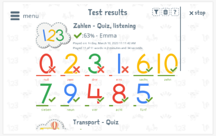 Test results provide insight into the child's vocabulary knowledge of the Numbers theme