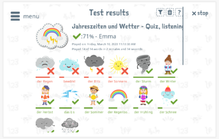 Test results provide insight into the child's vocabulary knowledge of the Seasons and weather theme