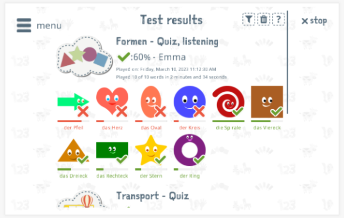 Test results provide insight into the child's vocabulary knowledge of the Shapes theme