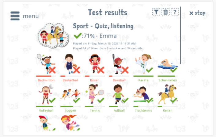 Test results provide insight into the child's vocabulary knowledge of the Sports theme