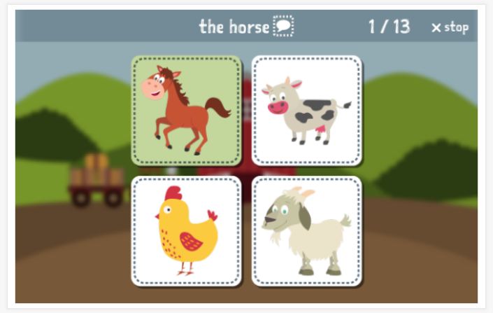 Farm theme Language test (reading and listening) of the app English for children