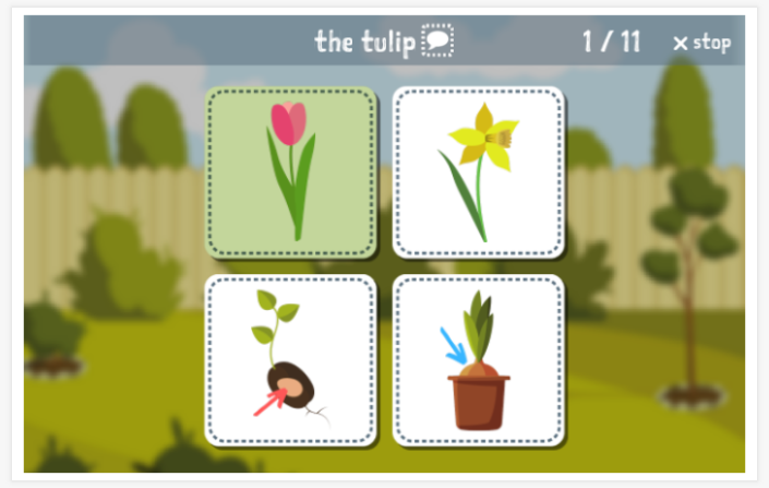 Garden theme Language test (reading and listening) of the app English for children