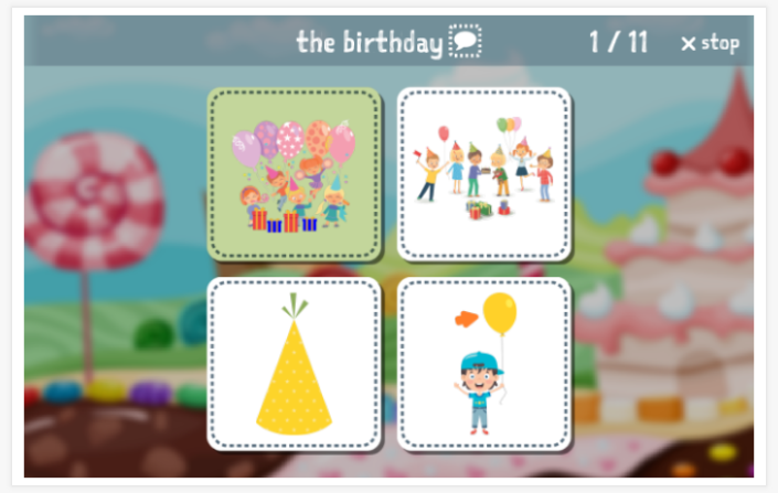 Party theme Language test (reading and listening) of the app English for children