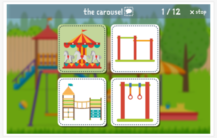 Playground theme Language test (reading and listening) of the app English for children