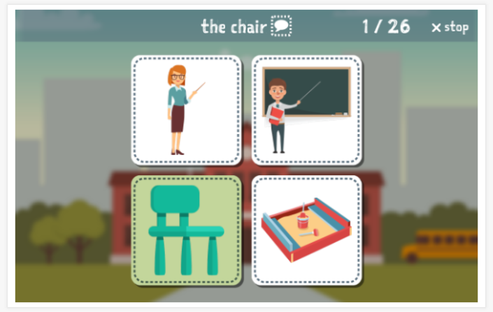 School theme Language test (reading and listening) of the app English for children