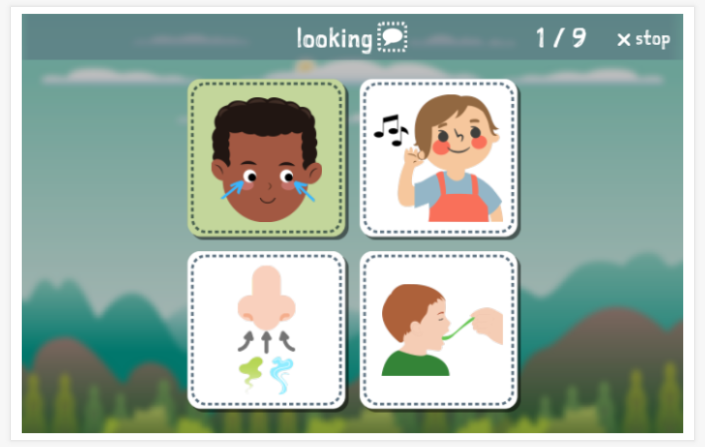 Senses theme Language test (reading and listening) of the app English for children