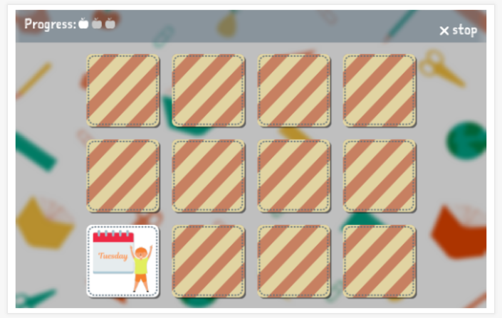 Days of the week theme memory game of the English app for children