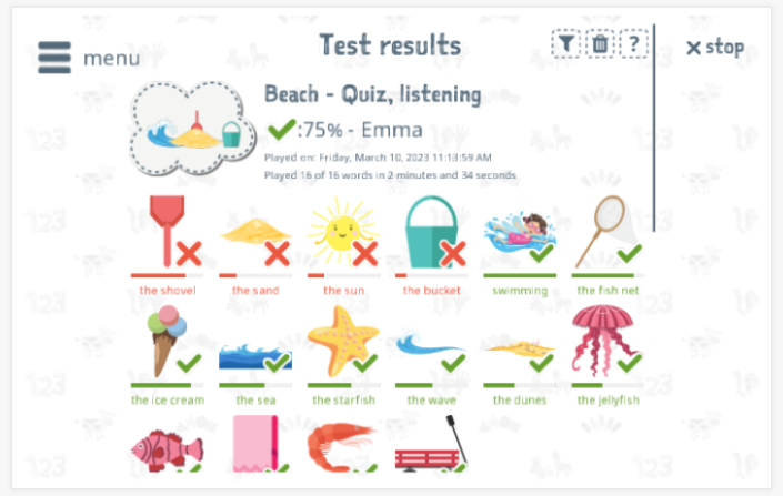 Test results provide insight into the child's vocabulary knowledge of the Beach theme