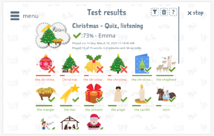 Test results provide insight into the child's vocabulary knowledge of the Christmas theme