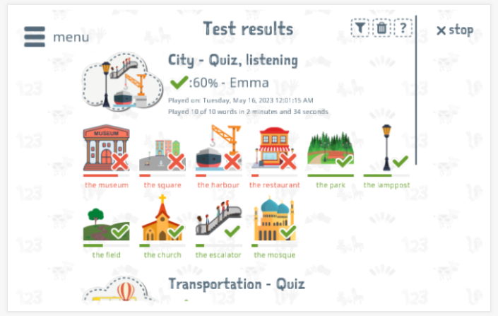 Test results provide insight into the child's vocabulary knowledge of the City theme