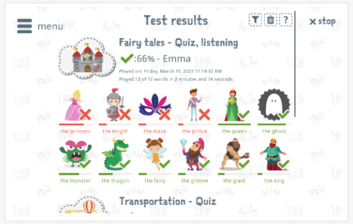 Test results provide insight into the child's vocabulary knowledge of the Fairy tales theme