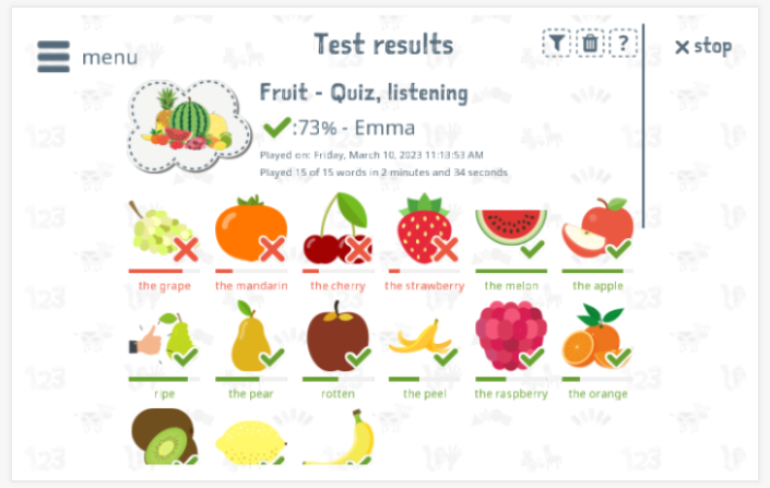 Test results provide insight into the child's vocabulary knowledge of the Fruit theme