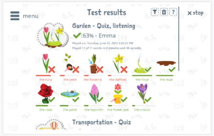 Test results provide insight into the child's vocabulary knowledge of the Garden theme