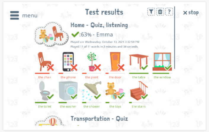 Test results provide insight into the child's vocabulary knowledge of the Home theme