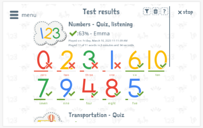 Test results provide insight into the child's vocabulary knowledge of the Numbers theme