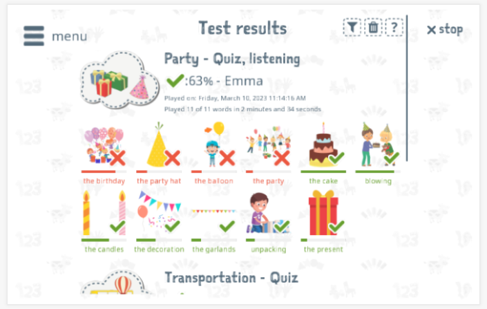 Test results provide insight into the child's vocabulary knowledge of the Party theme