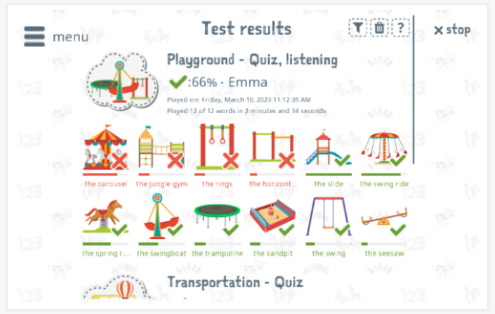 Test results provide insight into the child's vocabulary knowledge of the Playground theme