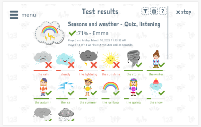 Test results provide insight into the child's vocabulary knowledge of the Seasons and weather theme