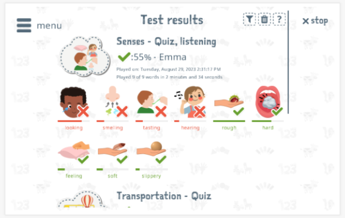 Test results provide insight into the child's vocabulary knowledge of the Senses theme