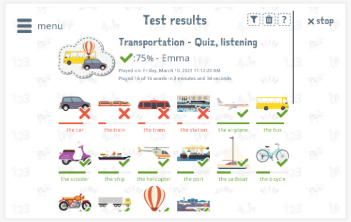 Test results provide insight into the child's vocabulary knowledge of the Transportation theme