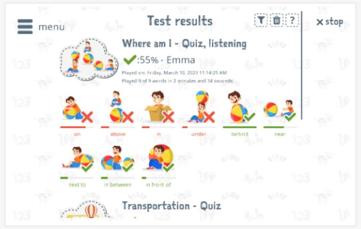 Test results provide insight into the child's vocabulary knowledge of the Where am I theme