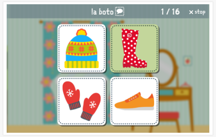 Clothing theme Language test (reading and listening) of the app Esperanto for children