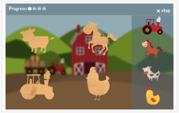 Farm theme puzzle game of the Esperanto app for children