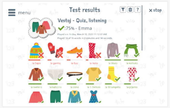 Test results provide insight into the child's vocabulary knowledge of the Clothing theme