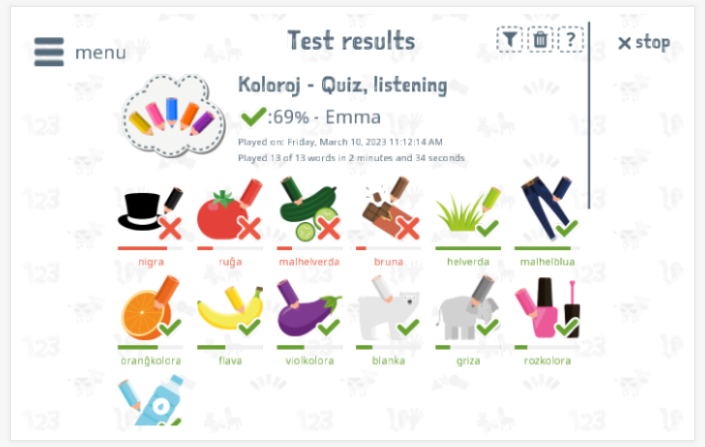 Test results provide insight into the child's vocabulary knowledge of the Colors theme