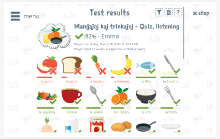 Test results provide insight into the child's vocabulary knowledge of the Food & drinks theme