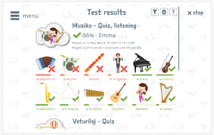 Test results provide insight into the child's vocabulary knowledge of the Music theme