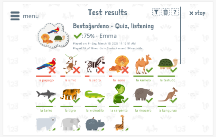 Test results provide insight into the child's vocabulary knowledge of the Zoo theme