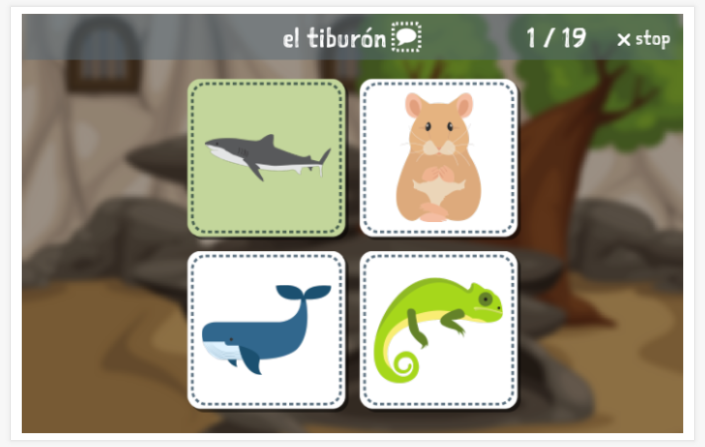 Animals theme Language test (reading and listening) of the app Spanish for children