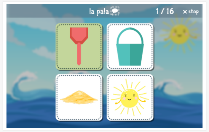 Beach theme Language test (reading and listening) of the app Spanish for children