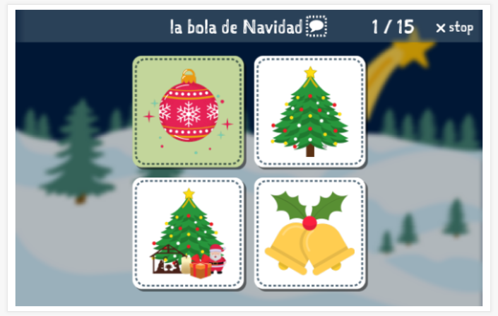 Christmas theme Language test (reading and listening) of the app Spanish for children