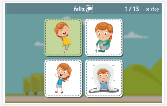 Emotions theme Language test (reading and listening) of the app Spanish for children