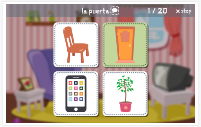 Home theme Language test (reading and listening) of the app Spanish for children