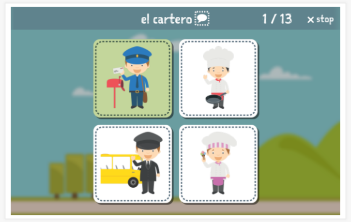 Professions theme Language test (reading and listening) of the app Spanish for children