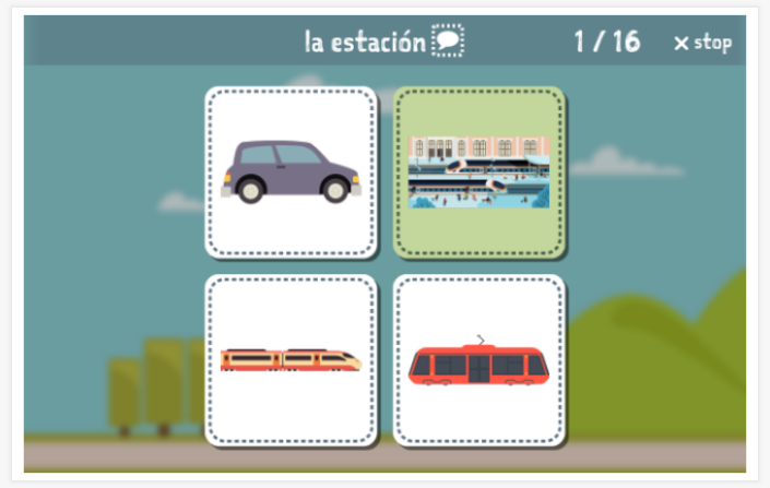 Transportation theme Language test (reading and listening) of the app Spanish for children